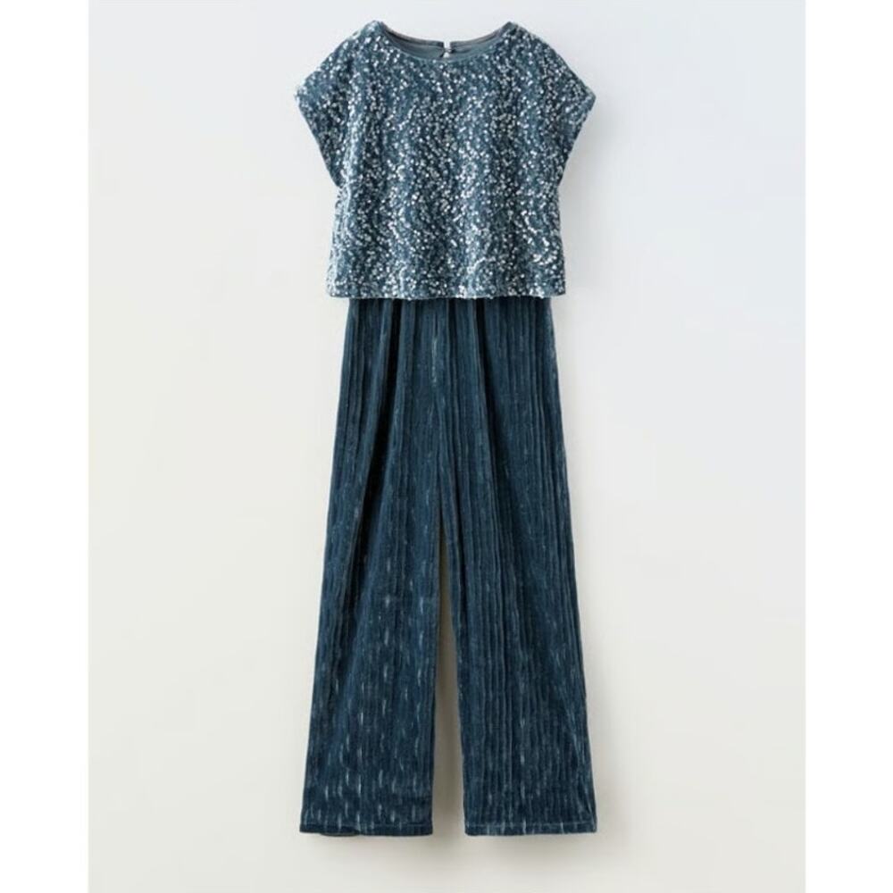 Zara Girls Sequined Velour Jumpsuit Wide Leg Sparkle Sequin Velvet Playsuit Teal